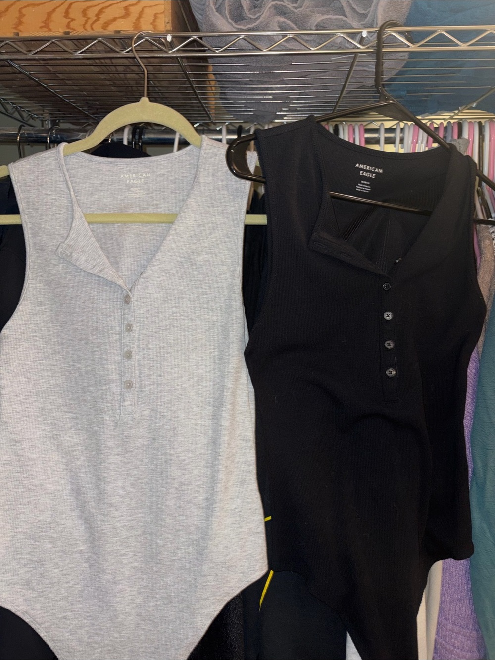 American Eagle Outfitters Gray and Black Ribbed Henley Tank Top bodysuits
